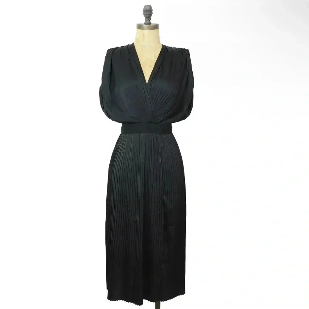 TOME Black Satin Cross Front Pleated Dress - Picture 4 of 12